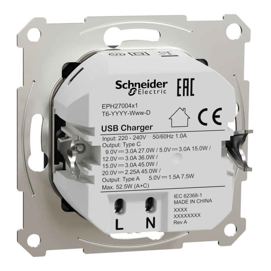 EPH2700471 - Schneider Asfora - İkili USB Hızlı Şarj Prizi Type A+C 3A, 45W - Antrasit - 3